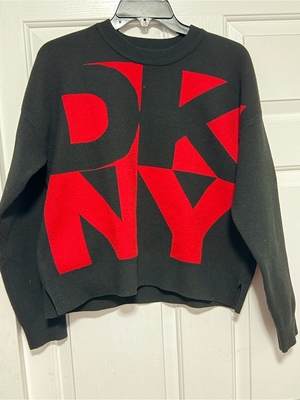 DKNY Black Crewneck Sweater with Bold Red Logo